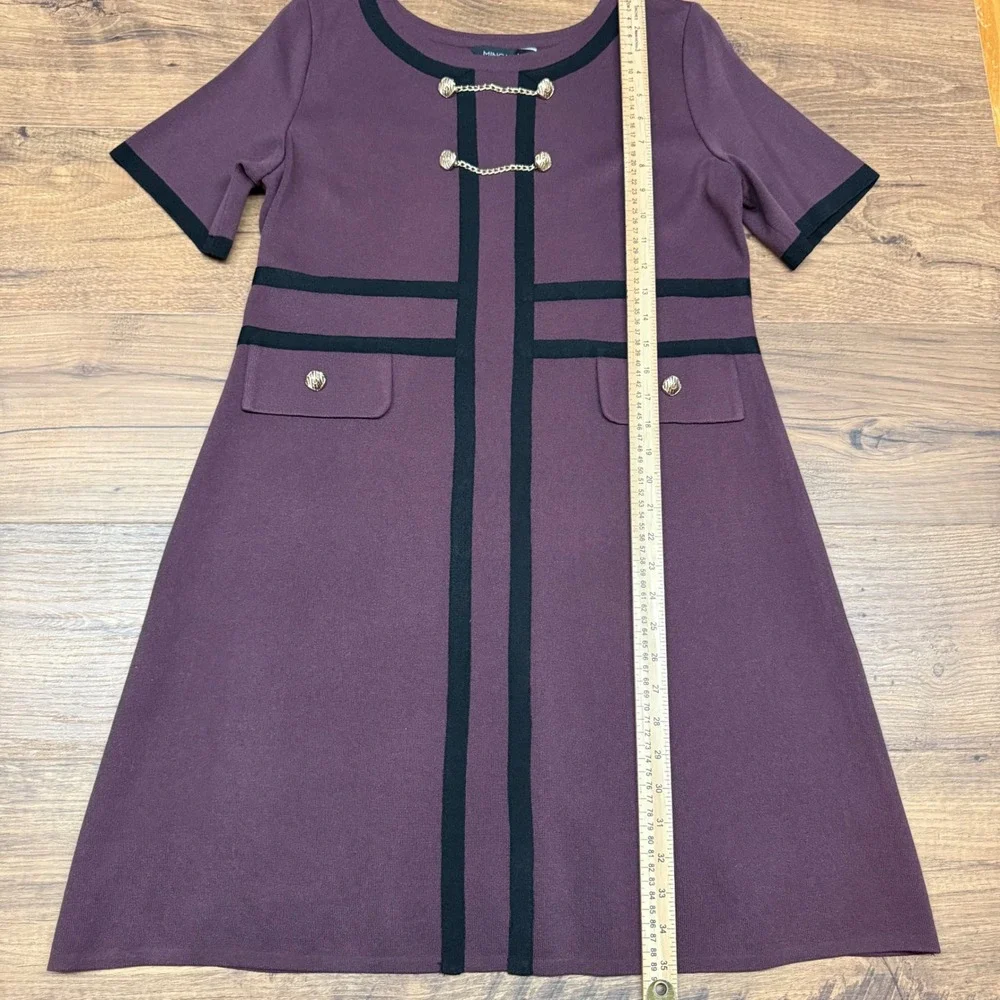 Ming Wang Small Shift Dress Burgundy Knit Gold Chain Military Old Money Academia